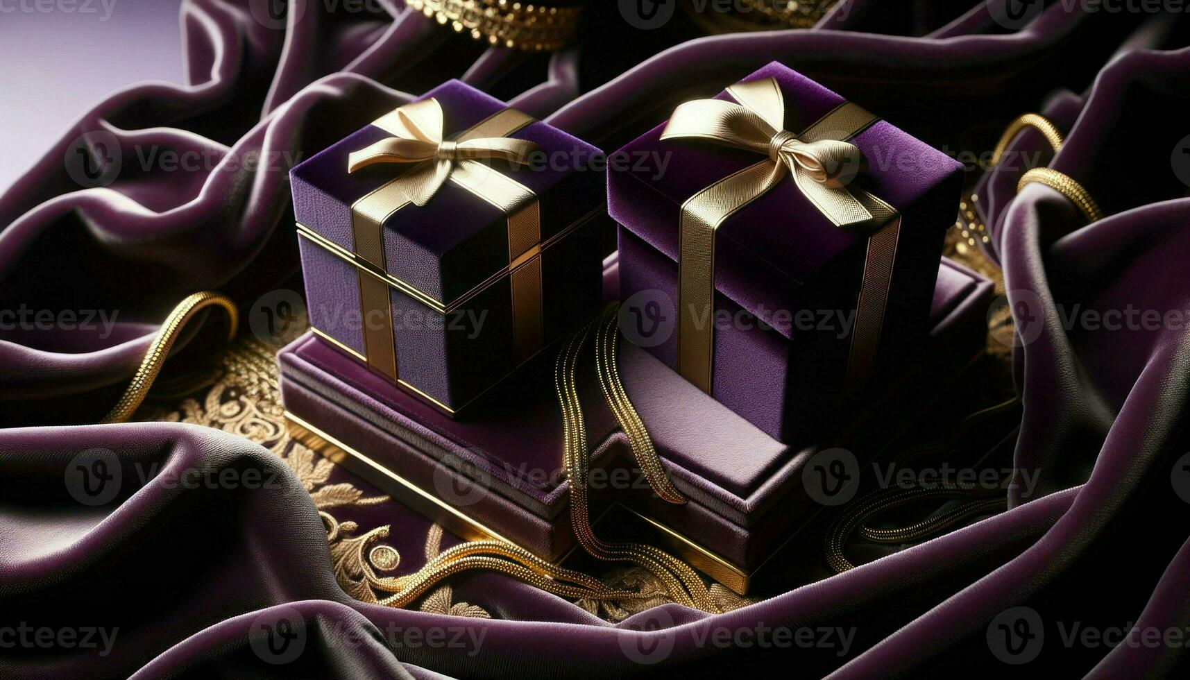 Close-up shot of elegant jewelry boxes, blank and colored in royal purple with gold accents, set against a backdrop of a luxurious velvet cloth.. Generative AI photo
