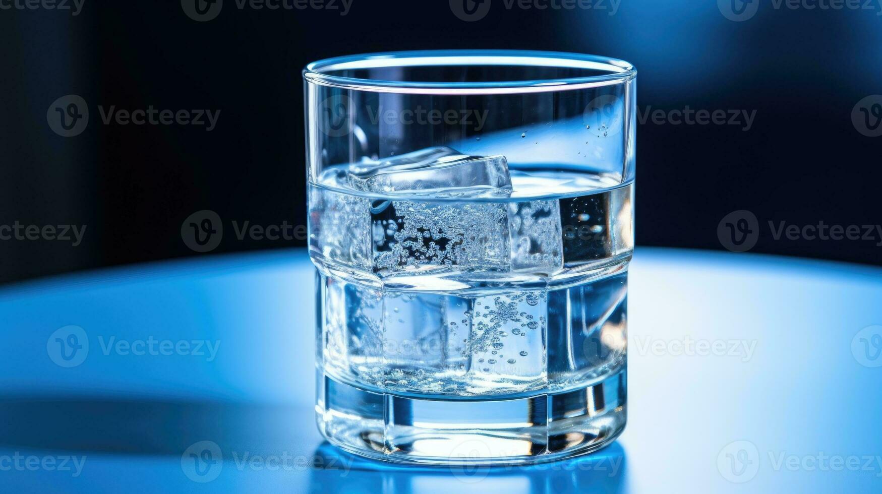 vaso de agua con hielo cubitos y agua chapoteo en azul antecedentes. ai generado foto