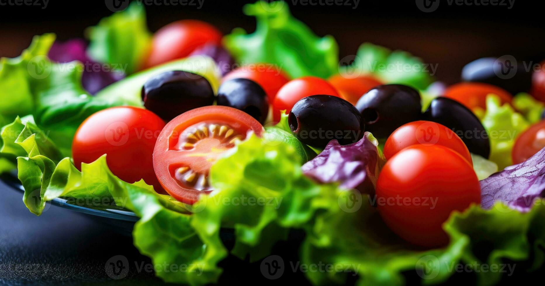 Ai generated Colorful tomatoes with black olives and basil. Selective focus. Grilled tomatoes photo