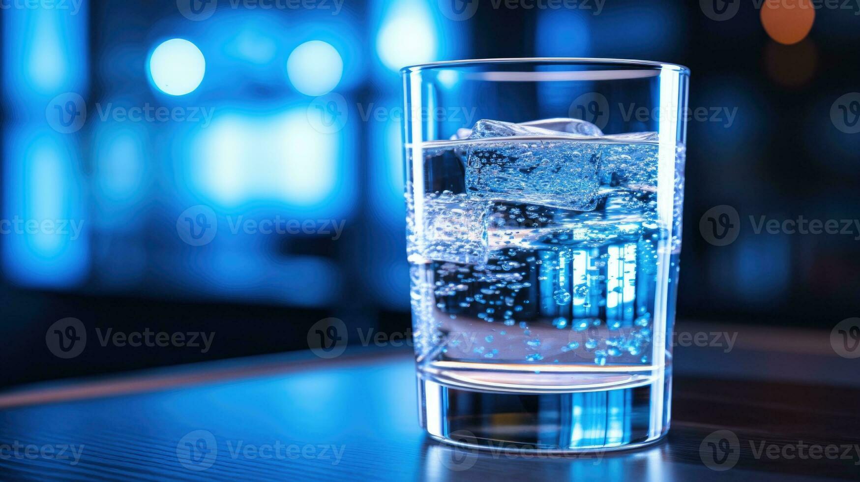 Glass of water with ice cubes on a wooden table in a bar. ai generated photo