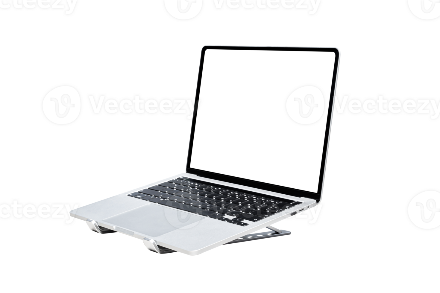 Laptop computer with blank transparent screen and background- PNG format.