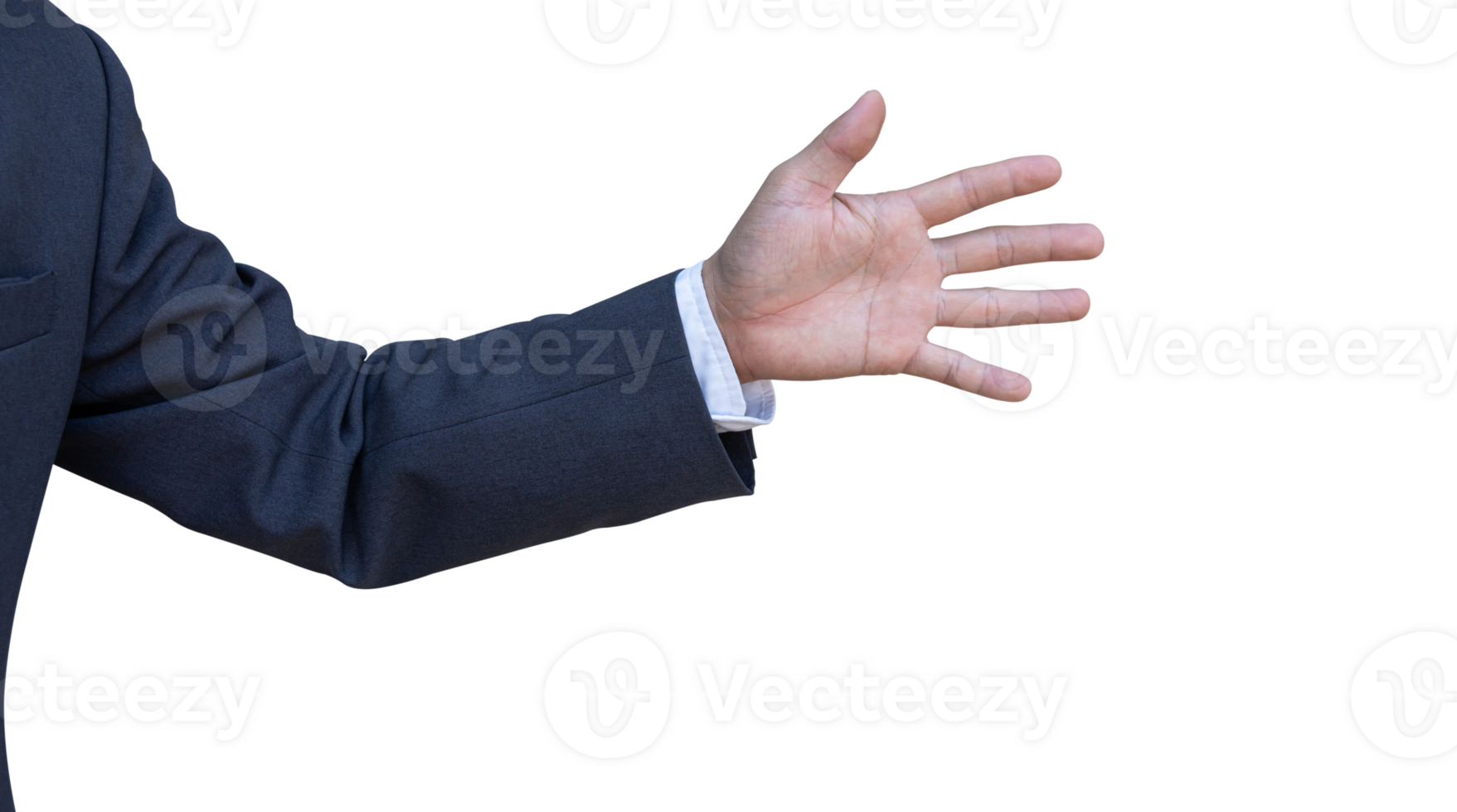 Hand of businessman in suit gestures isolated on transparent background. PNG File