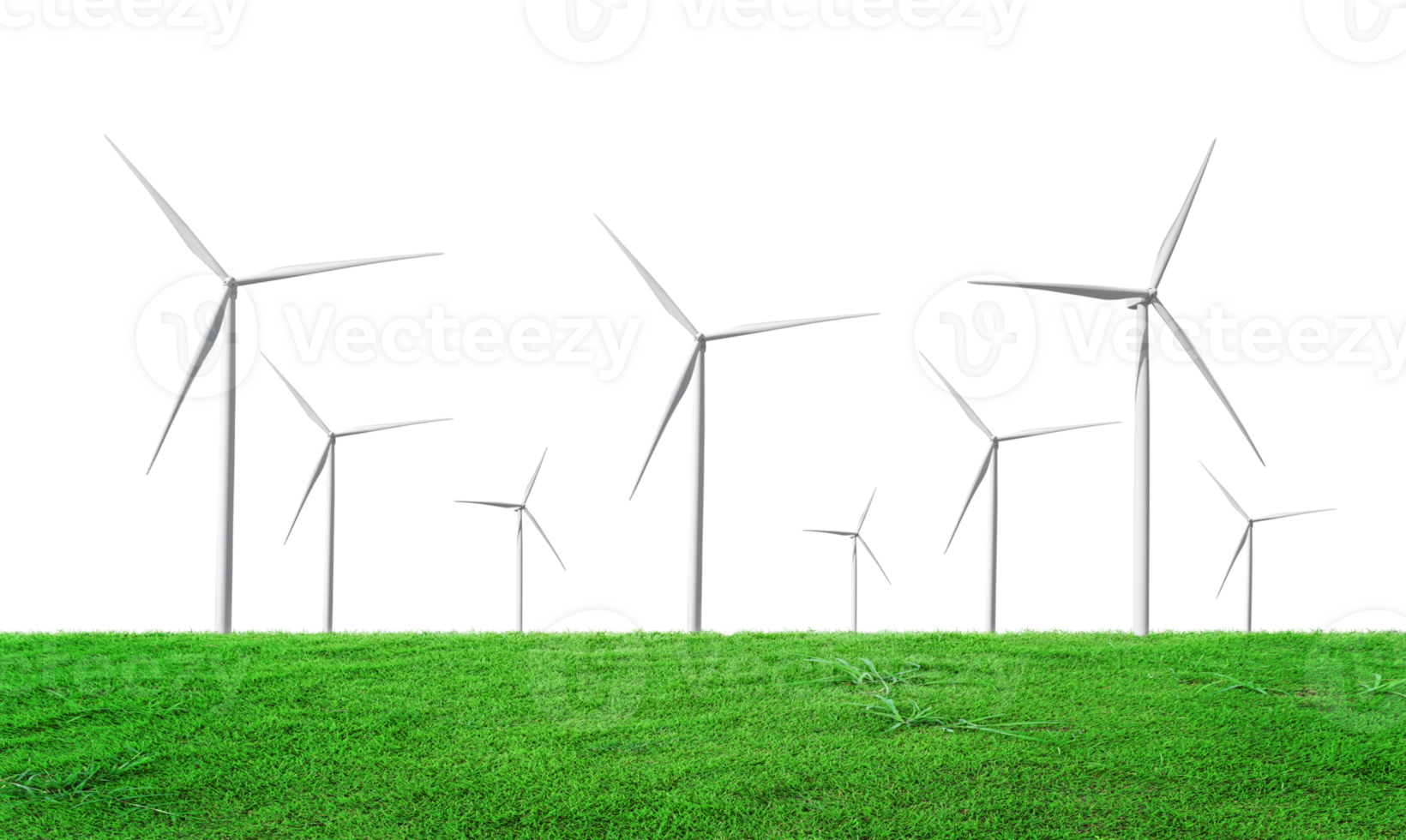 Wind turbines field with green grass isolated on transparent background. Windmill, eco power. Green energy technology concept png