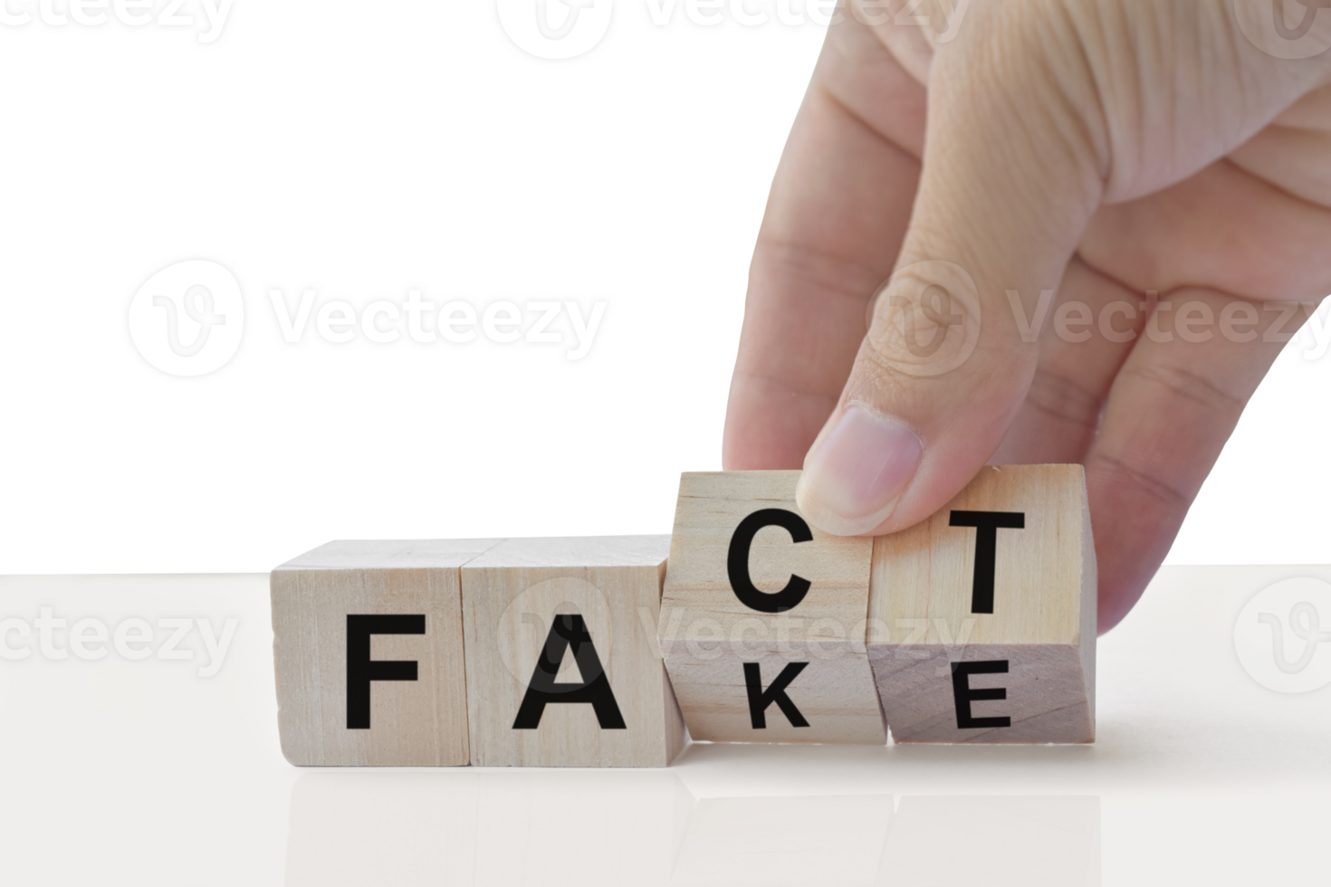 Hand flip wood cube change the word Fact or Fake isolated on transparent background. April fools day concept. png