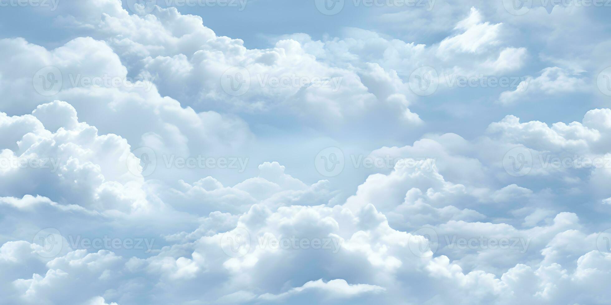 azul cielo con blanco nubes en sin costura repetir modelo diseño. dibujos animados nubes en cielo azul antecedentes para para niños dormitorio fondo de pantalla. mullido nubes en sólido antecedentes ai generativo foto