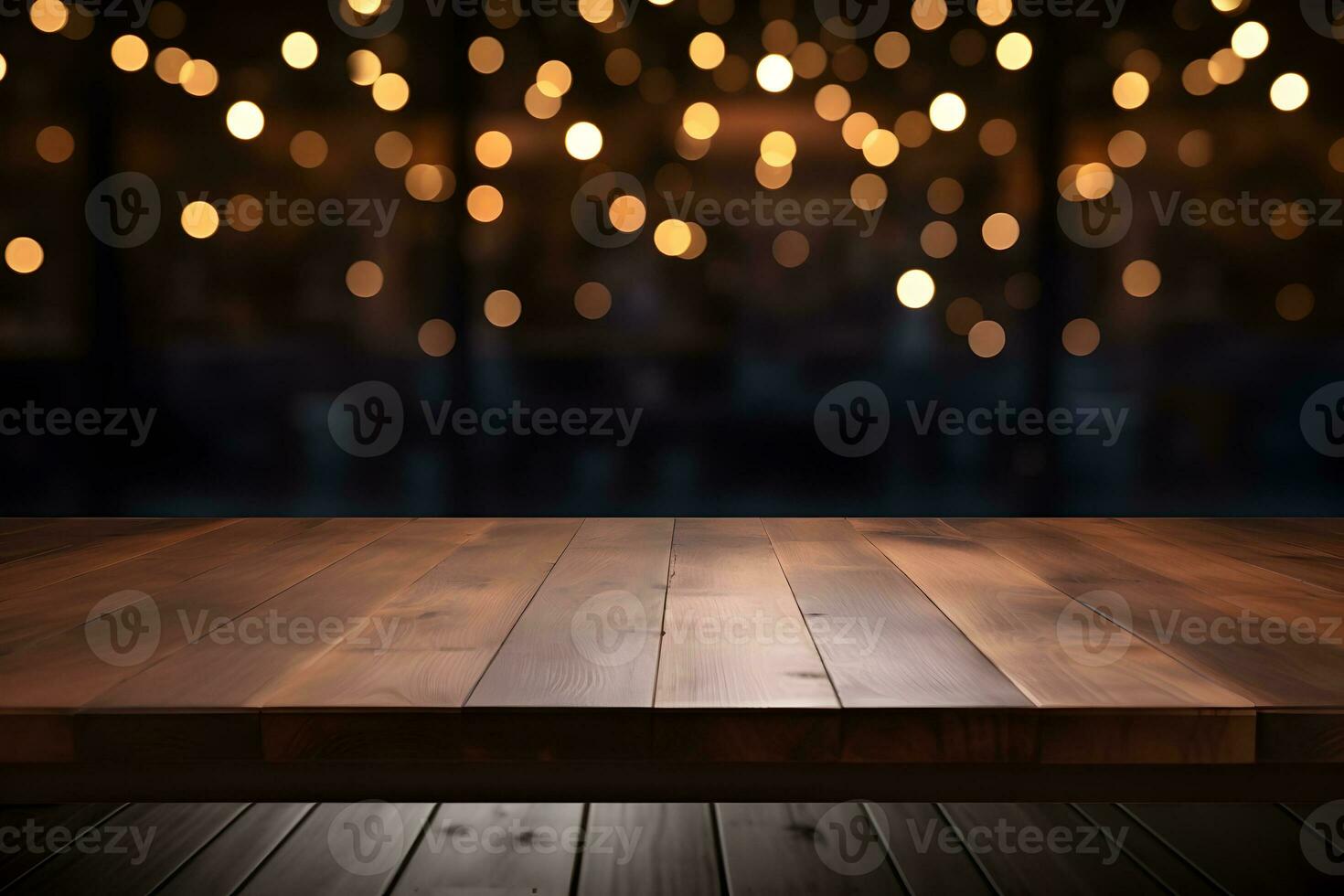 Wood table top on blurred of view of town with light bulb.Background for montage product display or design key visual layout AI Generative photo