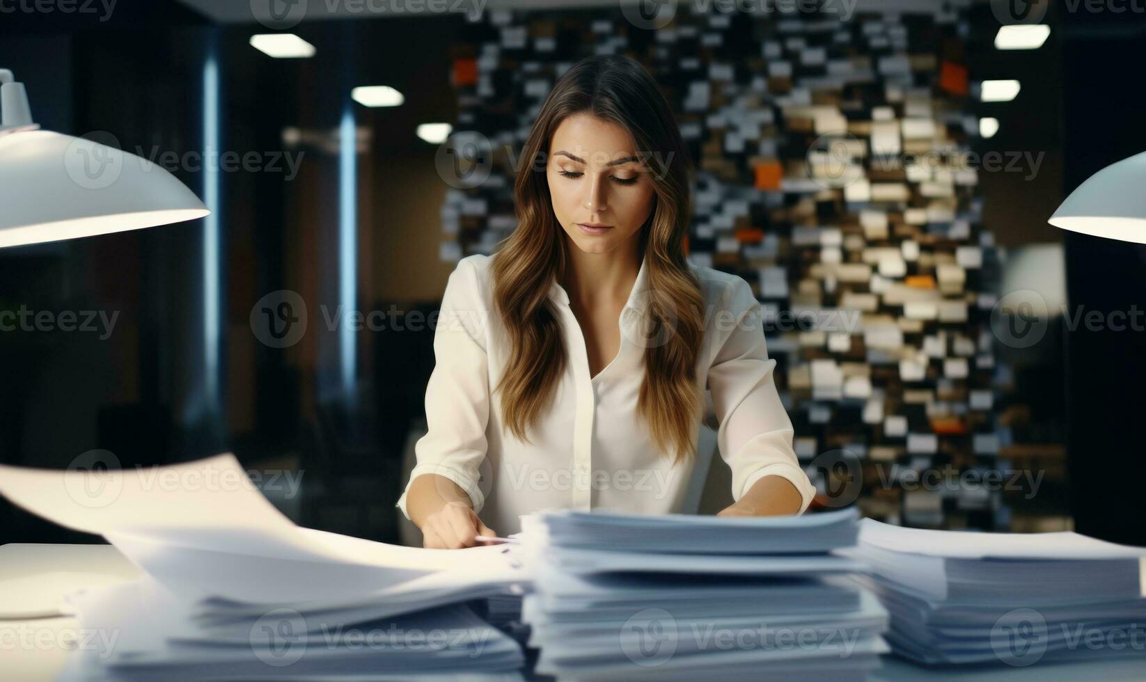 Young female employee working on stacks of papers to search for information and check documents on the desk AI Generated photo