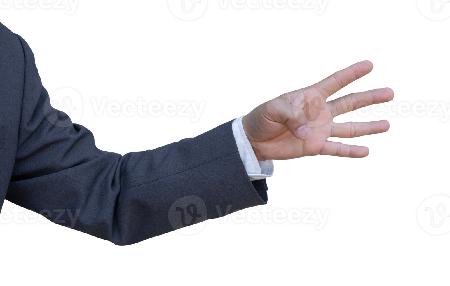 Hand of businessman in suit gestures isolated on transparent background. PNG File