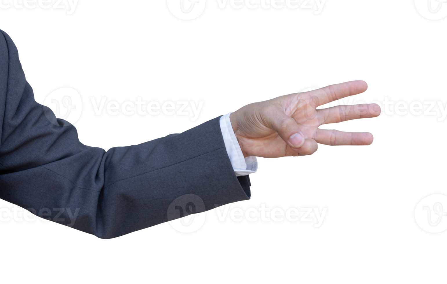 Hand of businessman in suit gestures isolated on transparent background. PNG File