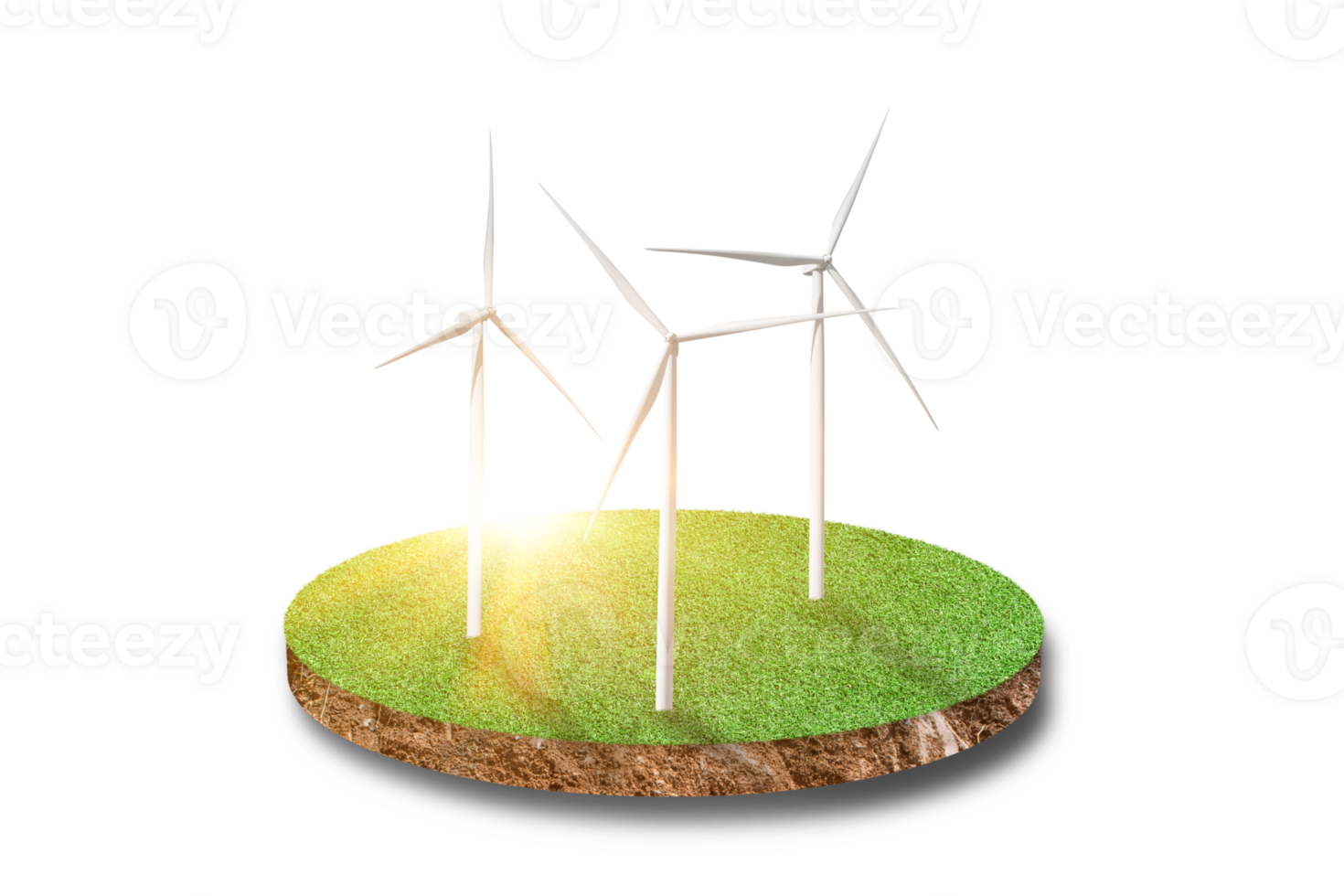 Cross section ground of green grass field with wind turbine Isolated on white on transparent background, PNG file