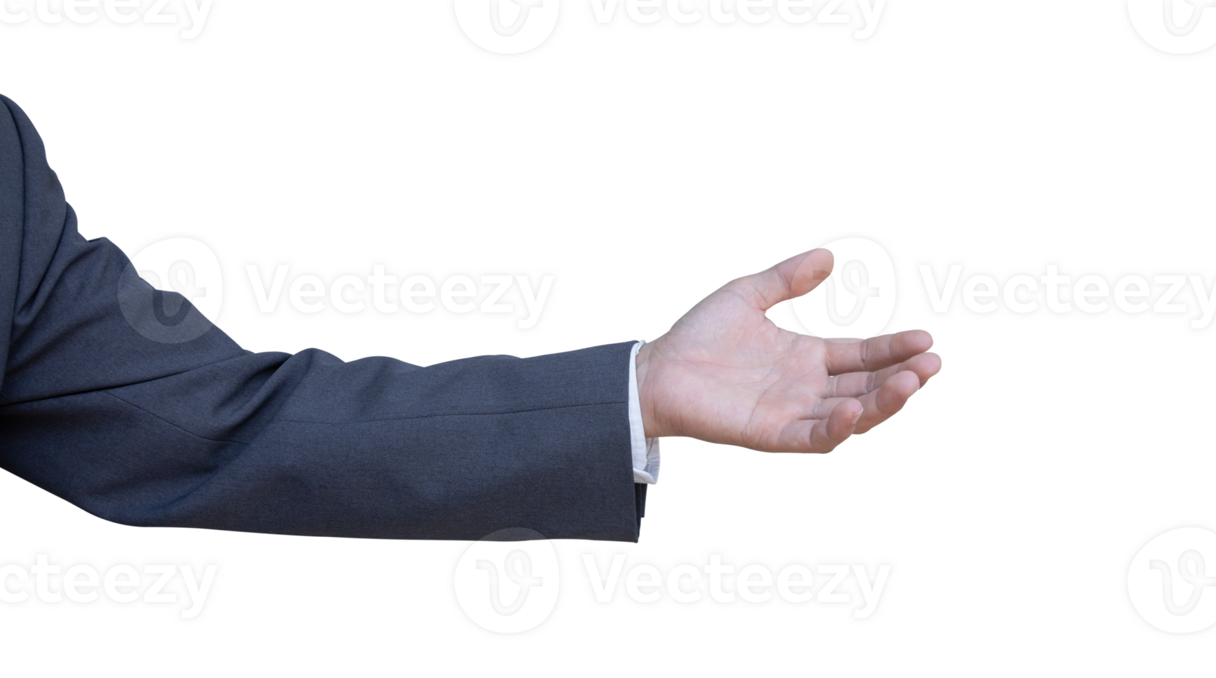 Hand of businessman in suit gestures isolated on transparent background. PNG File