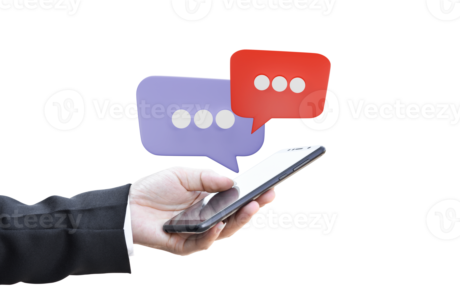 Hand using mobile phone with speech bubble isolated on transparent background. png
