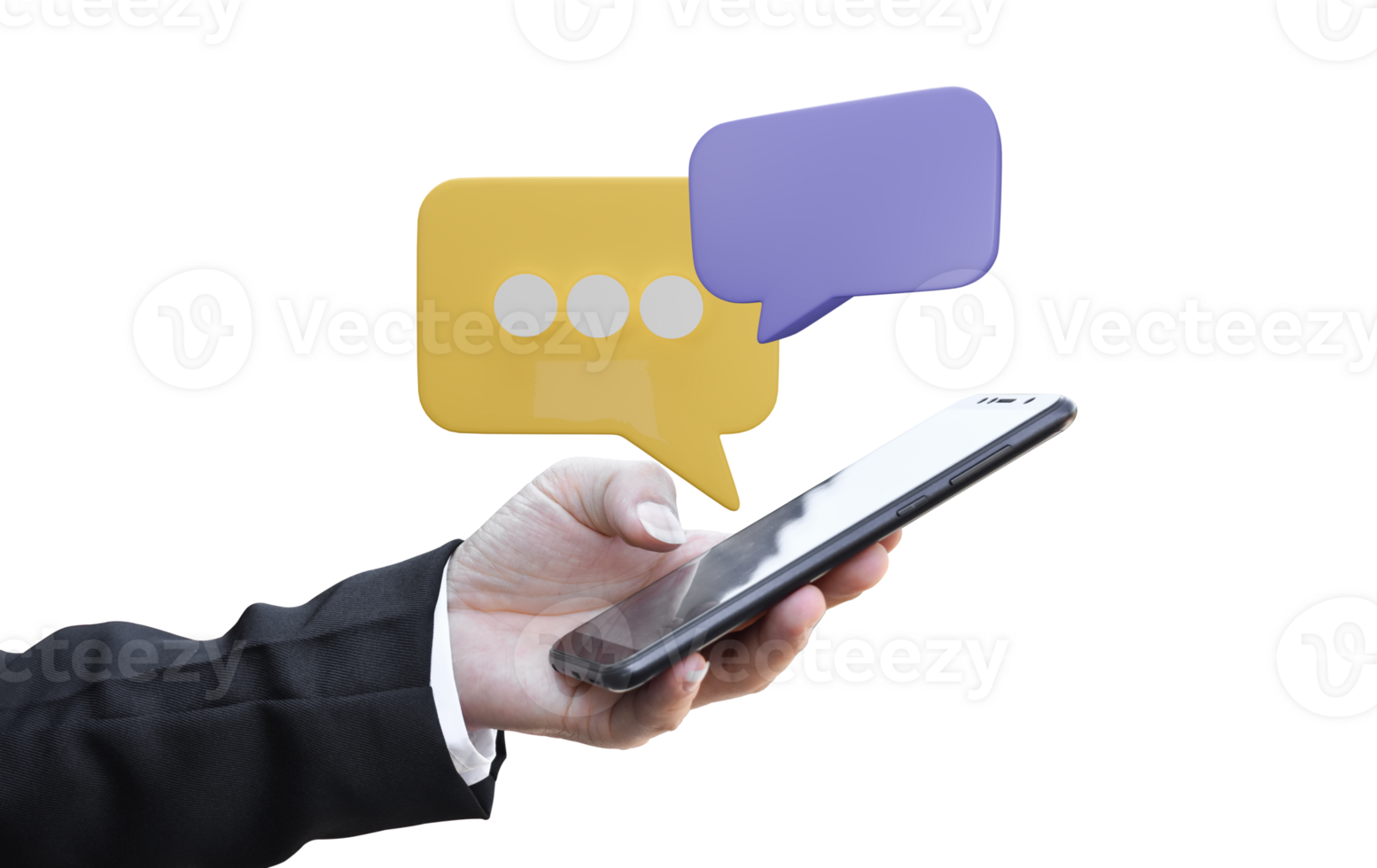 Hand using mobile phone with speech bubble isolated on transparent background. png
