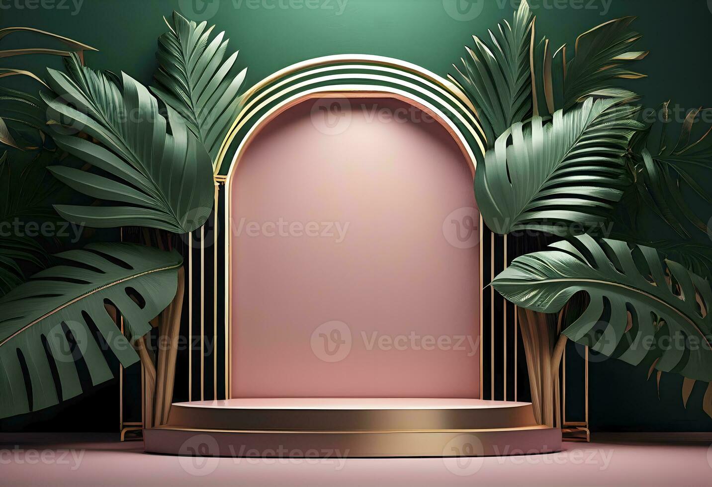 Natural beauty podium backdrop for product display with dreamy sky background. Close up of round empty oak table with sunlight with tropical leaves plants. Organic beauty Natural Mock up AI Generative photo