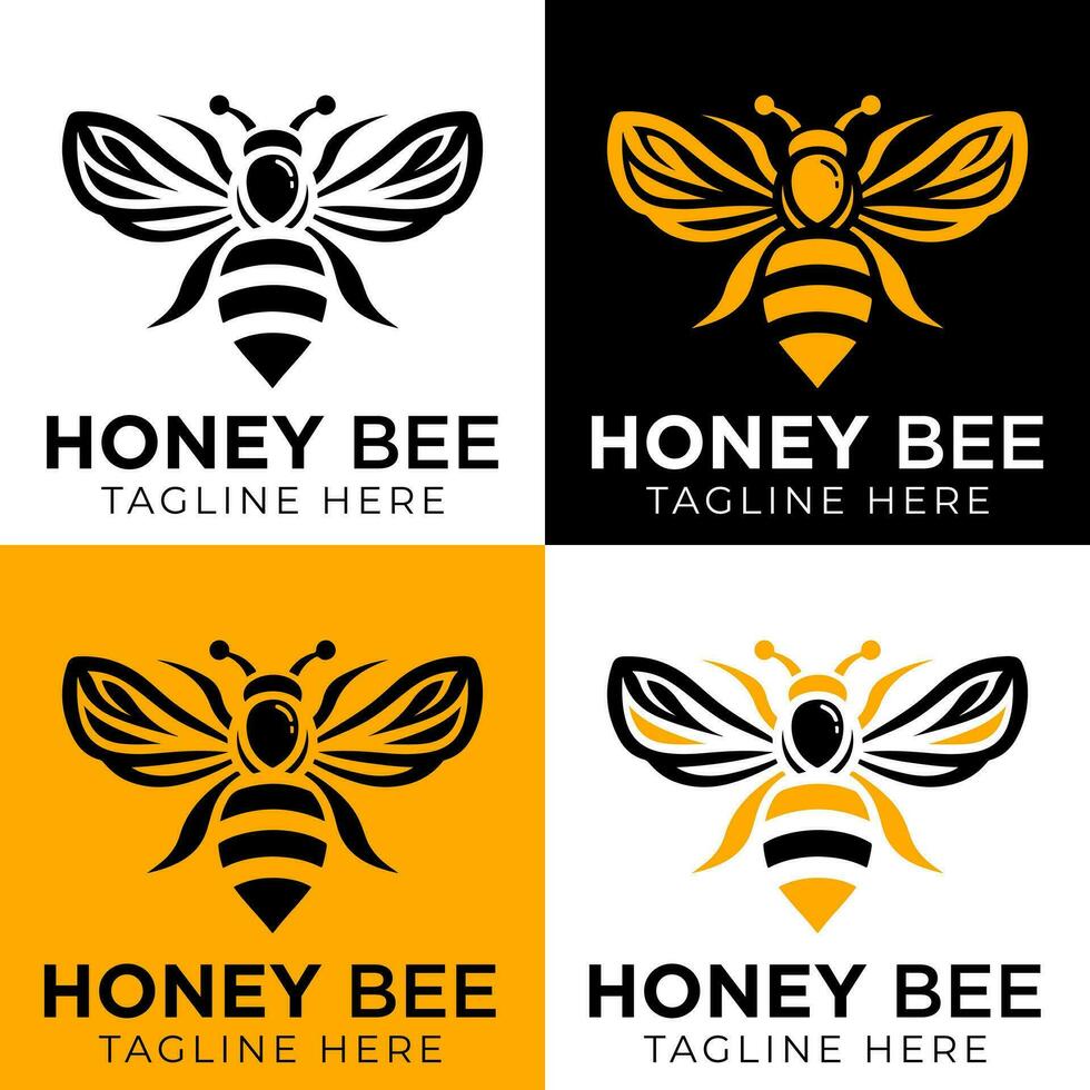 Honey bee logo design template with vector illustration. Flying honey bee icon symbol in line, flat, and color style. Vector illustration