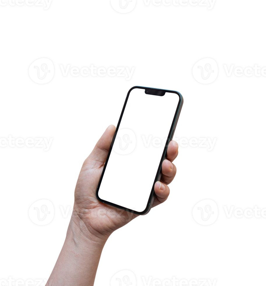 Hands holding smartphone isolated on transparent background - PNG format.
