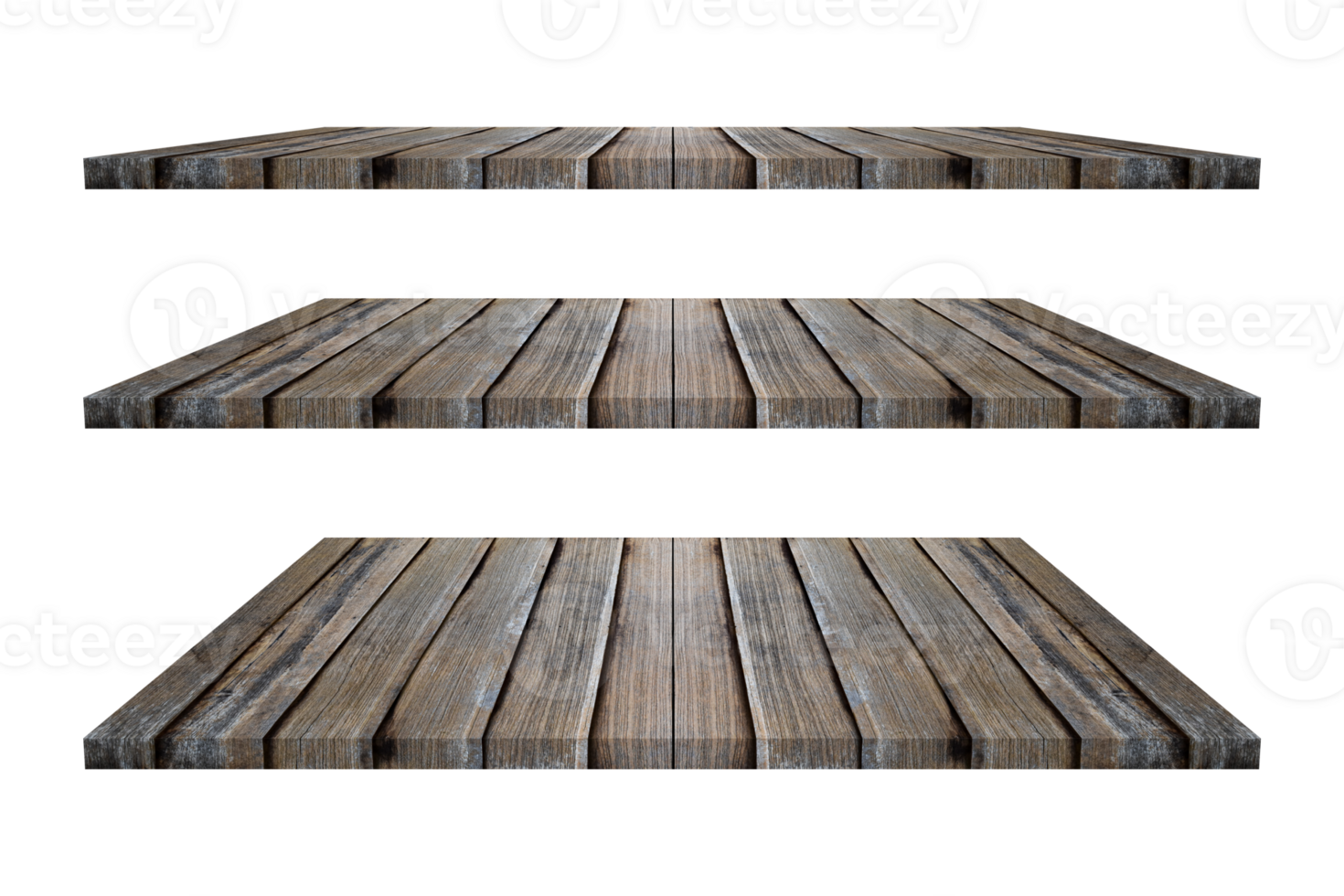 Empty vintage wooden shelf isolated on transparent background. png file