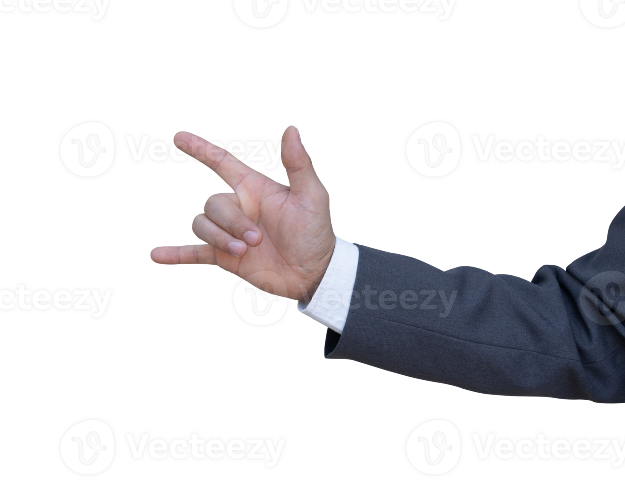 Hand of businessman in suit gestures isolated on transparent background. PNG File