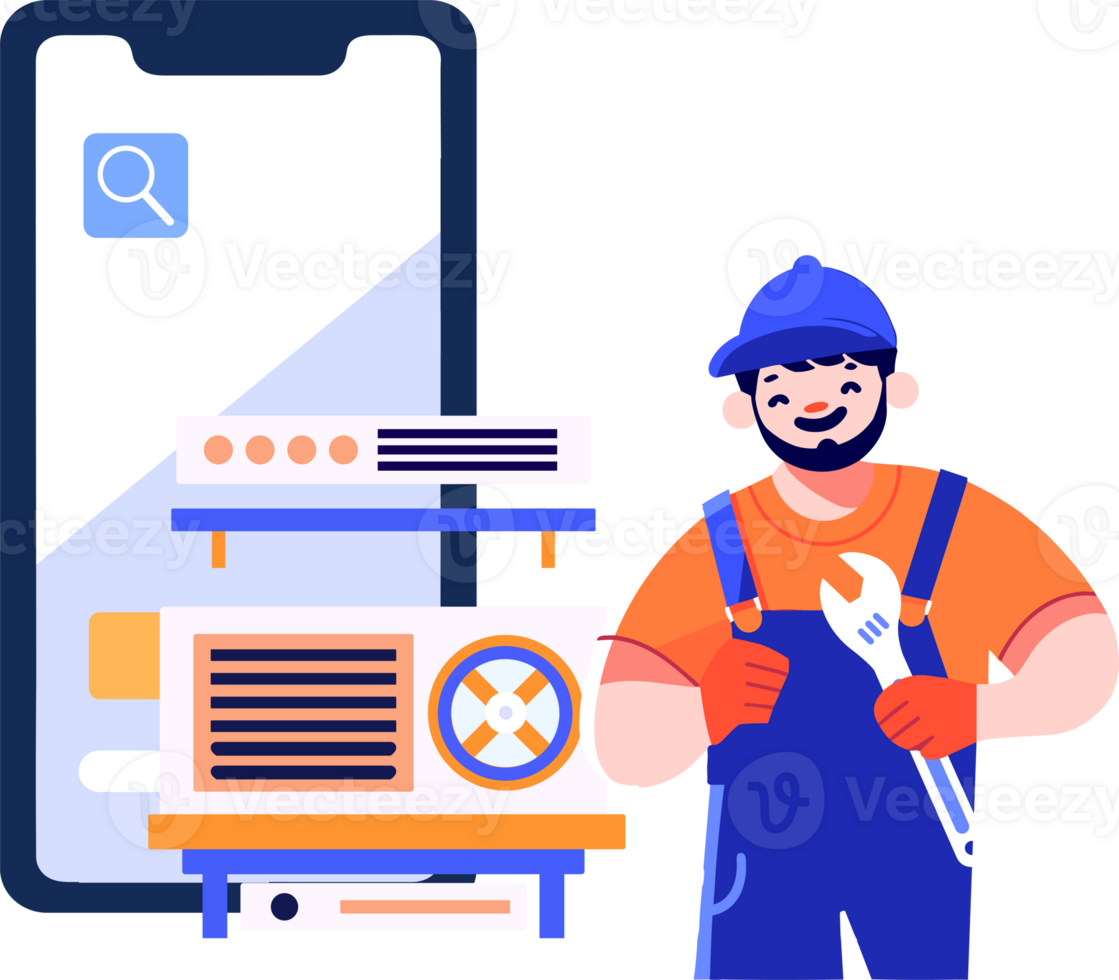 Hand Drawn Engineer or repairman character with smartphone in online repair concept in flat style png