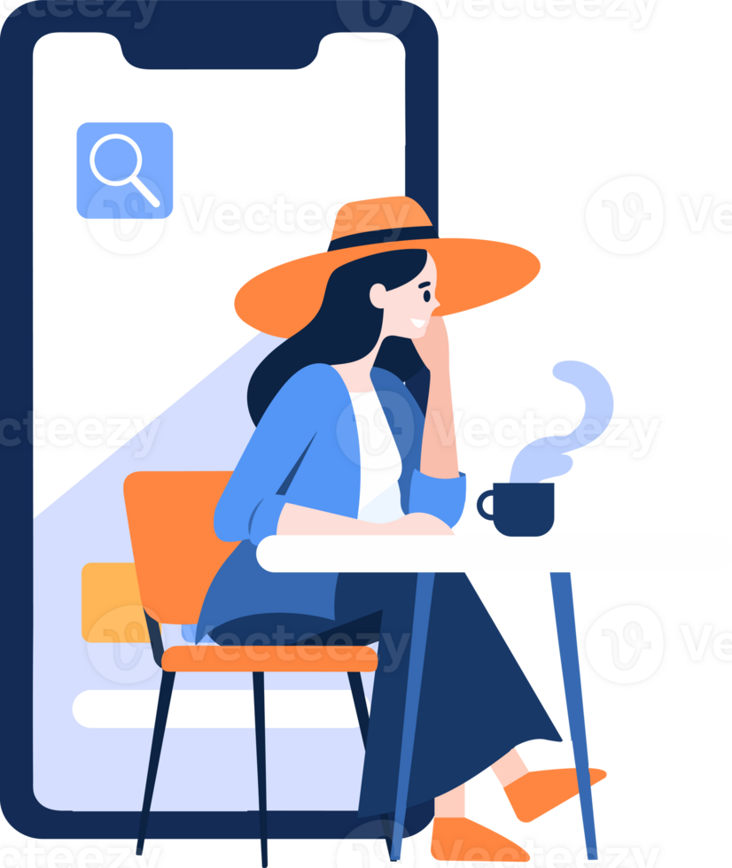 Hand Drawn Freelance female character sitting and working online In the concept of working online in flat style png