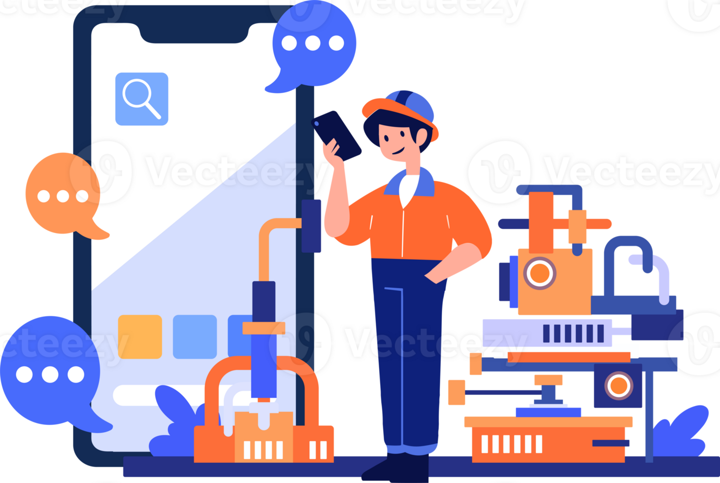 Hand Drawn Engineer or repairman character with smartphone in online repair concept in flat style png