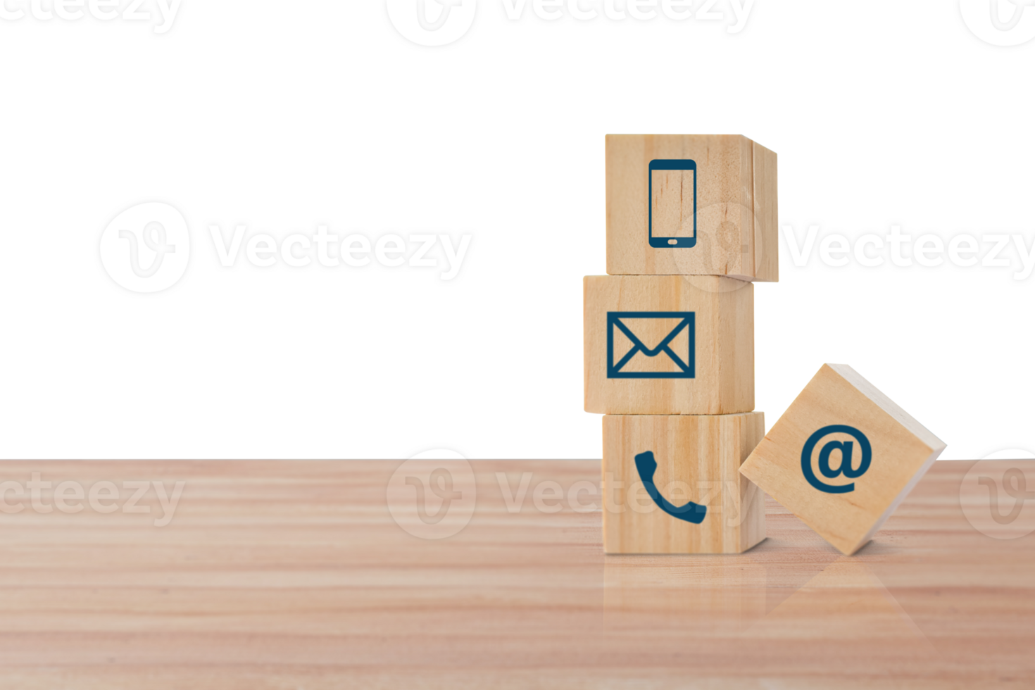 wooden block cube with telephone, email, address icon isolated on transparent background. Concept of contact us or customer support theme png