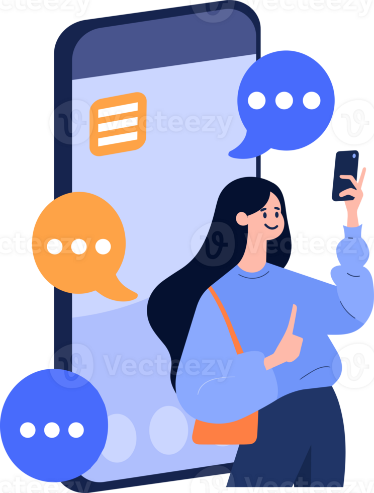 Hand Drawn Female character talking with smartphone in online communication concept in flat style png