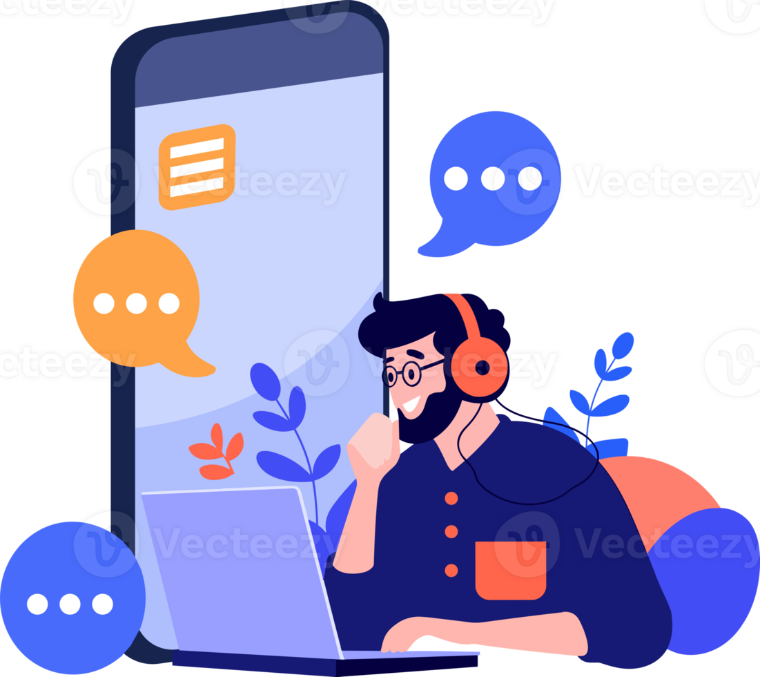 Hand Drawn Call center characters with smartphones in the concept of online support in flat style png