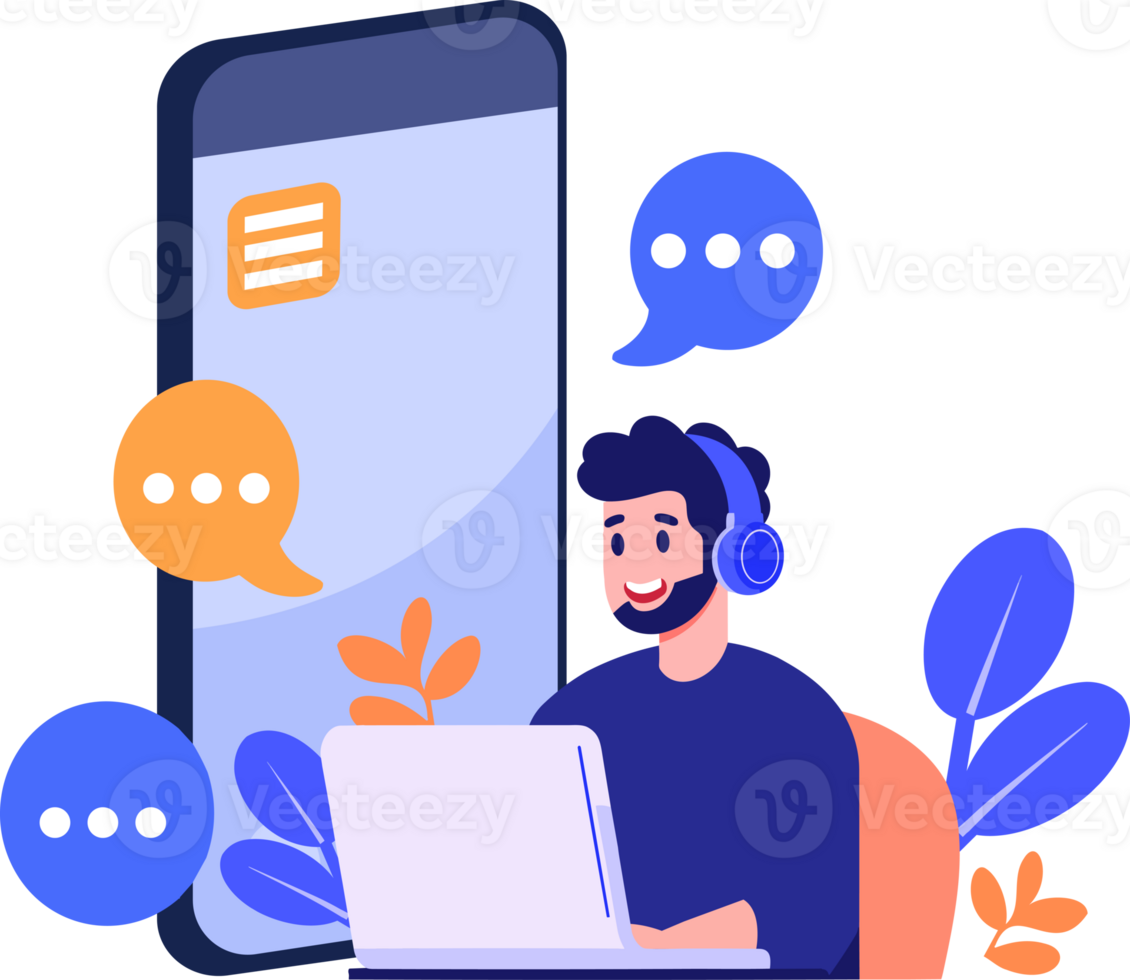 Hand Drawn Call center characters with smartphones in the concept of online support in flat style png