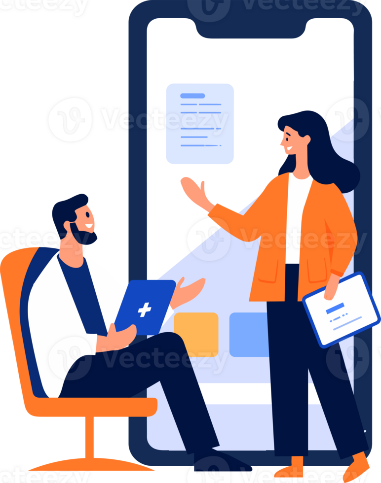 Hand Drawn Doctor and patient characters with smartphone in online medicine concept in flat style png