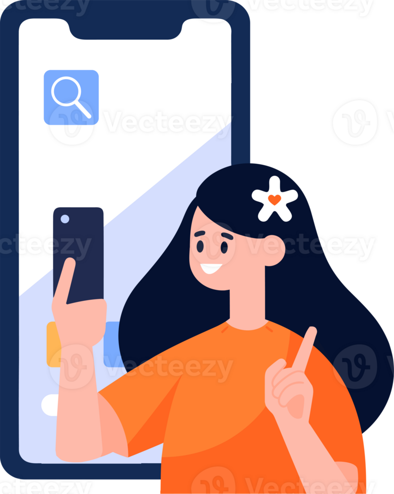 Hand Drawn Female character talking with smartphone in online communication concept in flat style png