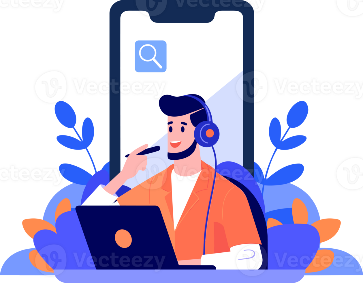Hand Drawn Call center characters with smartphones in the concept of online support in flat style png