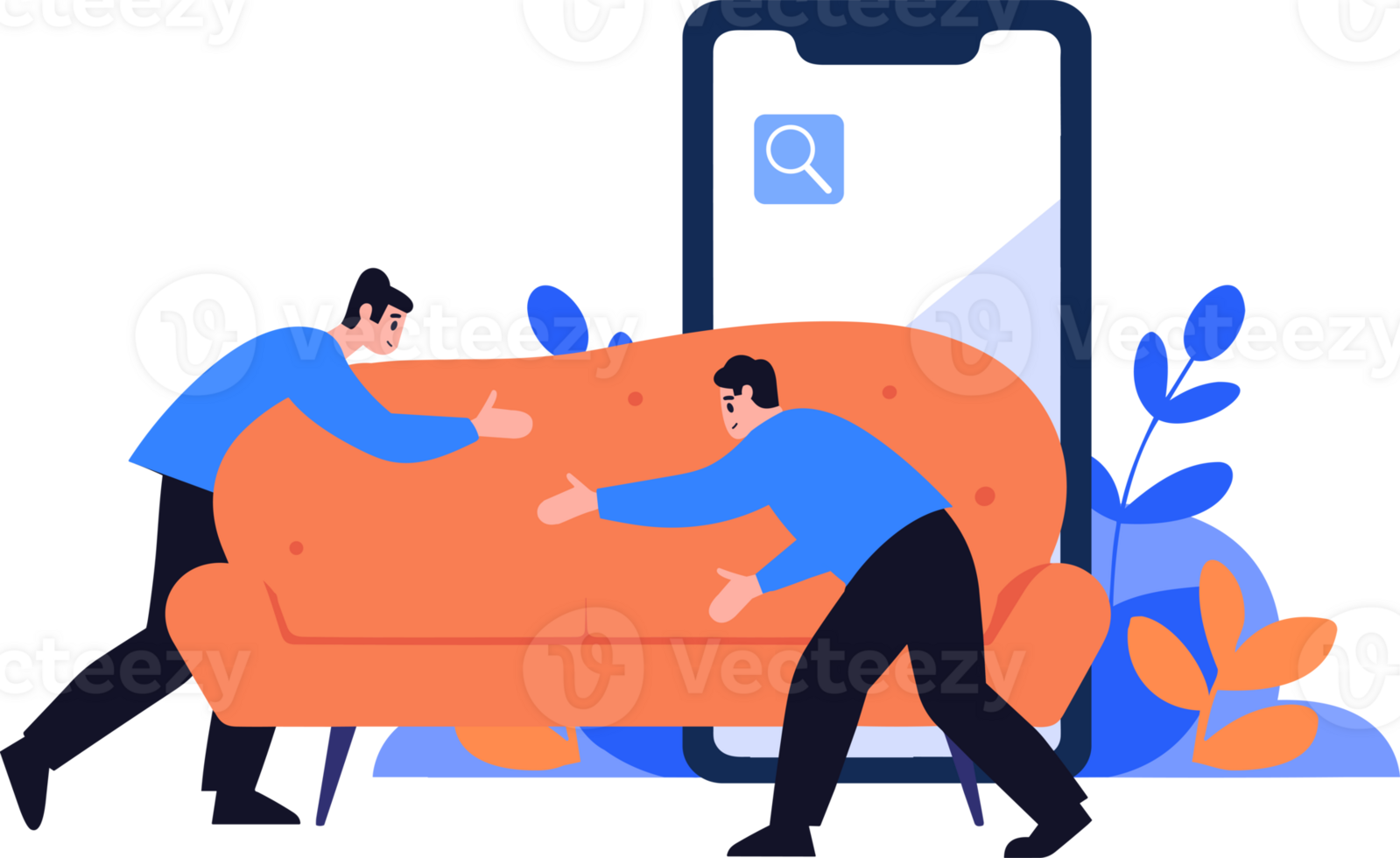 Hand Drawn Moving house mover with a smartphone in the concept of moving house online in flat style png