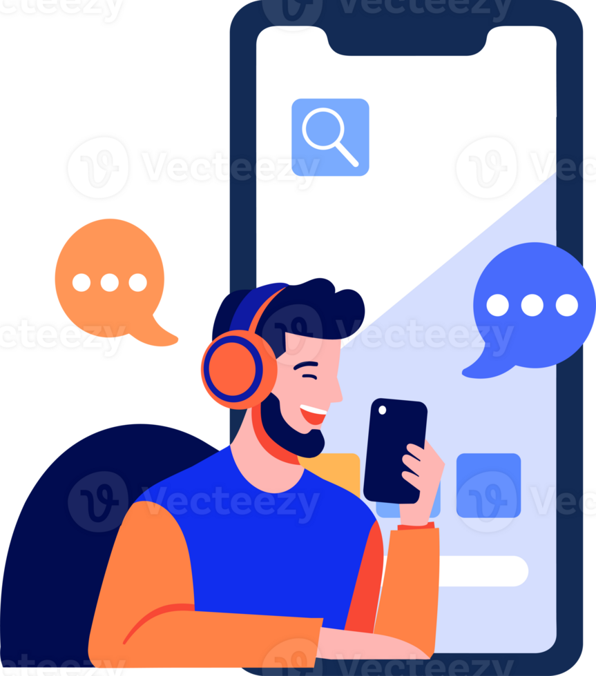 Hand Drawn Call center characters with smartphones in the concept of online support in flat style png