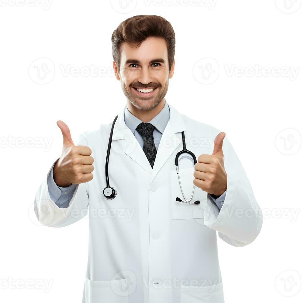 Happy smiling doctor with thumbs up gesture, isolated on transpared background png format Fictional Person, AI Generative photo