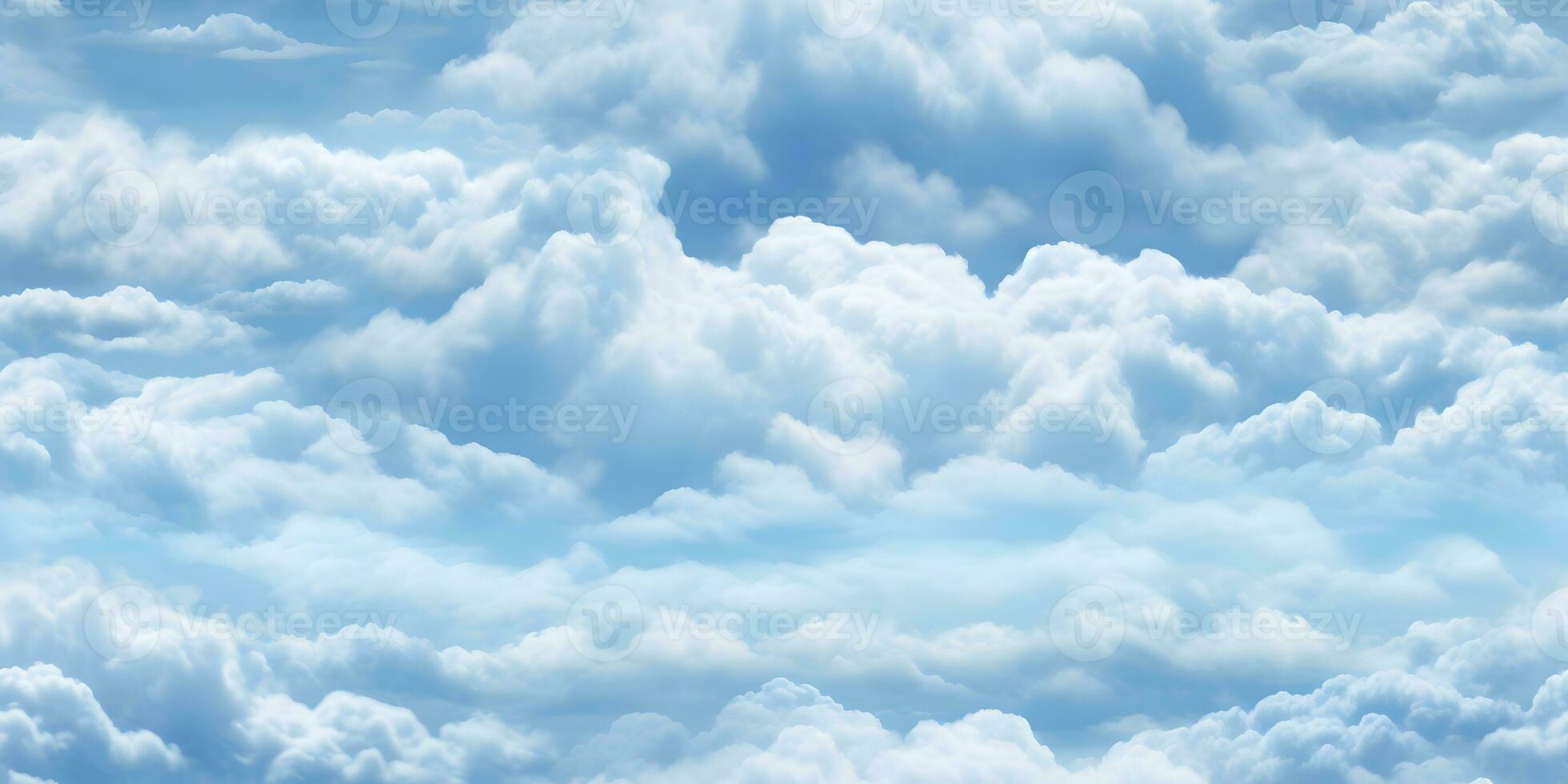 Blue sky with white clouds in seamless repeat pattern design. Cartoon clouds on sky blue background for children's bedroom wallpaper. Fluffy clouds on solid background AI Generative photo