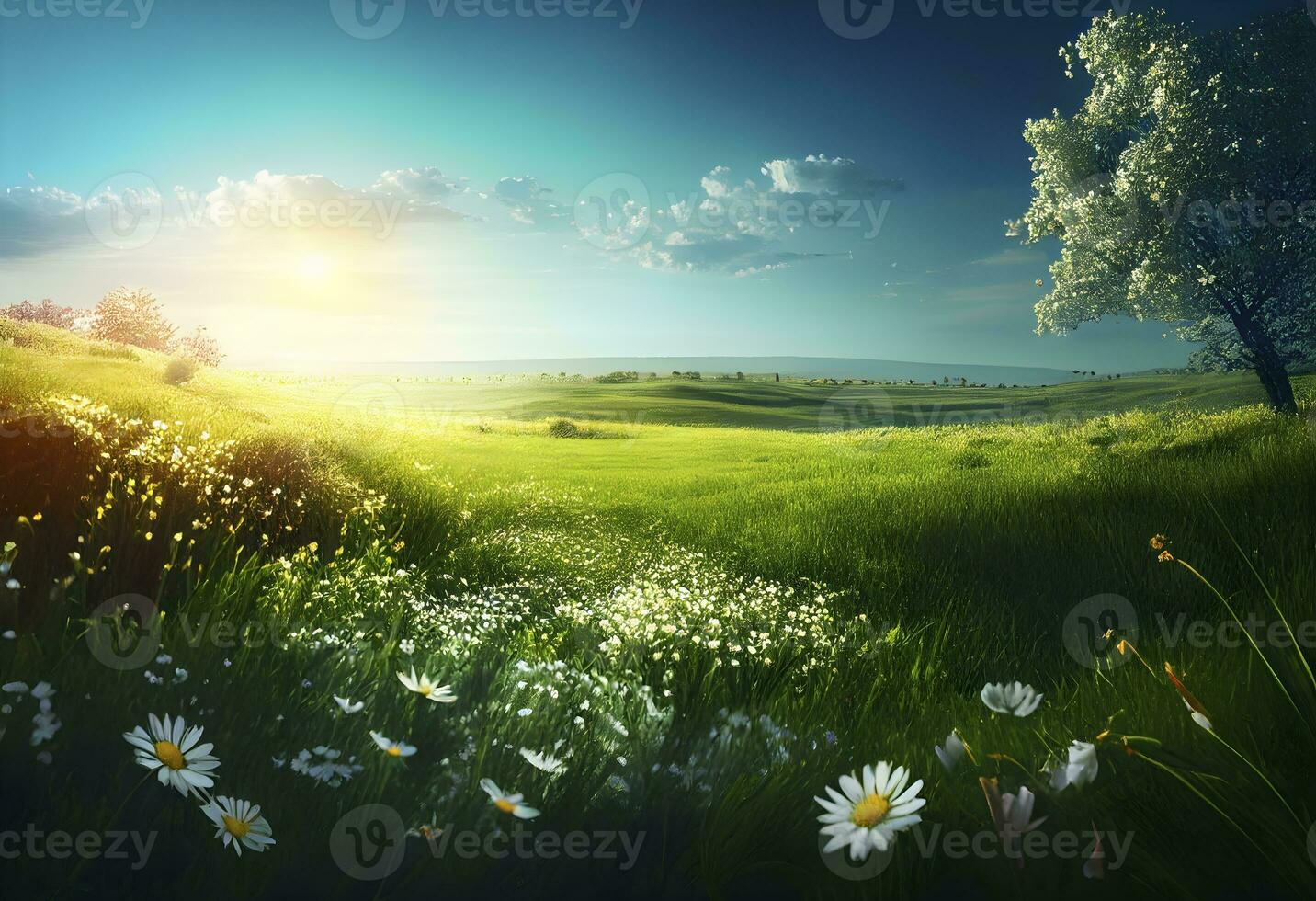 Beautiful meadow field with fresh grass and yellow dandelion flowers in nature against a blurry blue sky with clouds. Summer spring perfect natural landscape AI Generative photo