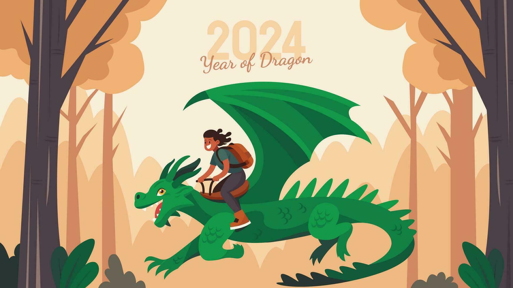 2024 Chinese New Year Green Dragon Vector Illustration Featuring a Green Dragon and People Engaged in Various Activities Perfect for Greeting Cards, Posters, Banners and more.