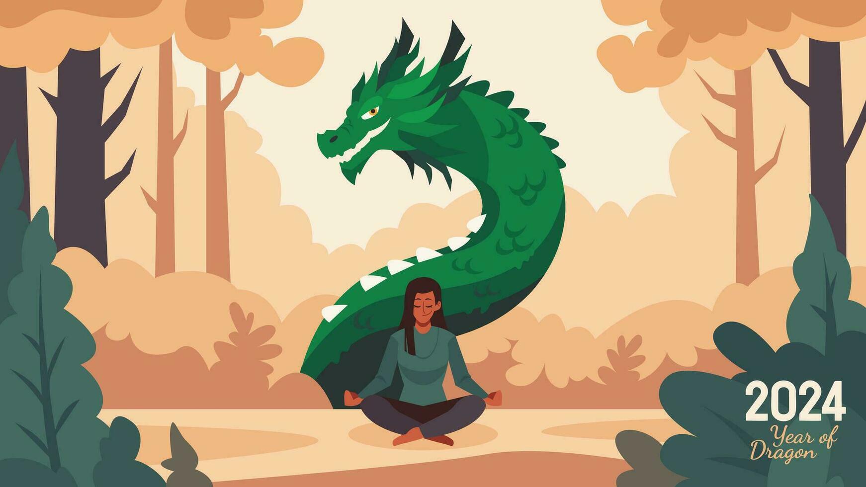 2024 Chinese New Year Green Dragon Vector Illustration Featuring a Green Dragon and People Engaged in Various Activities Perfect for Greeting Cards, Posters, Banners and more.