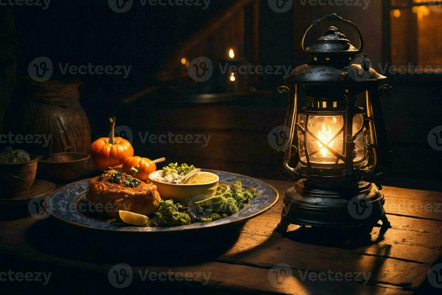 un mesa ajuste con indio comida y un linterna. ai generativo foto