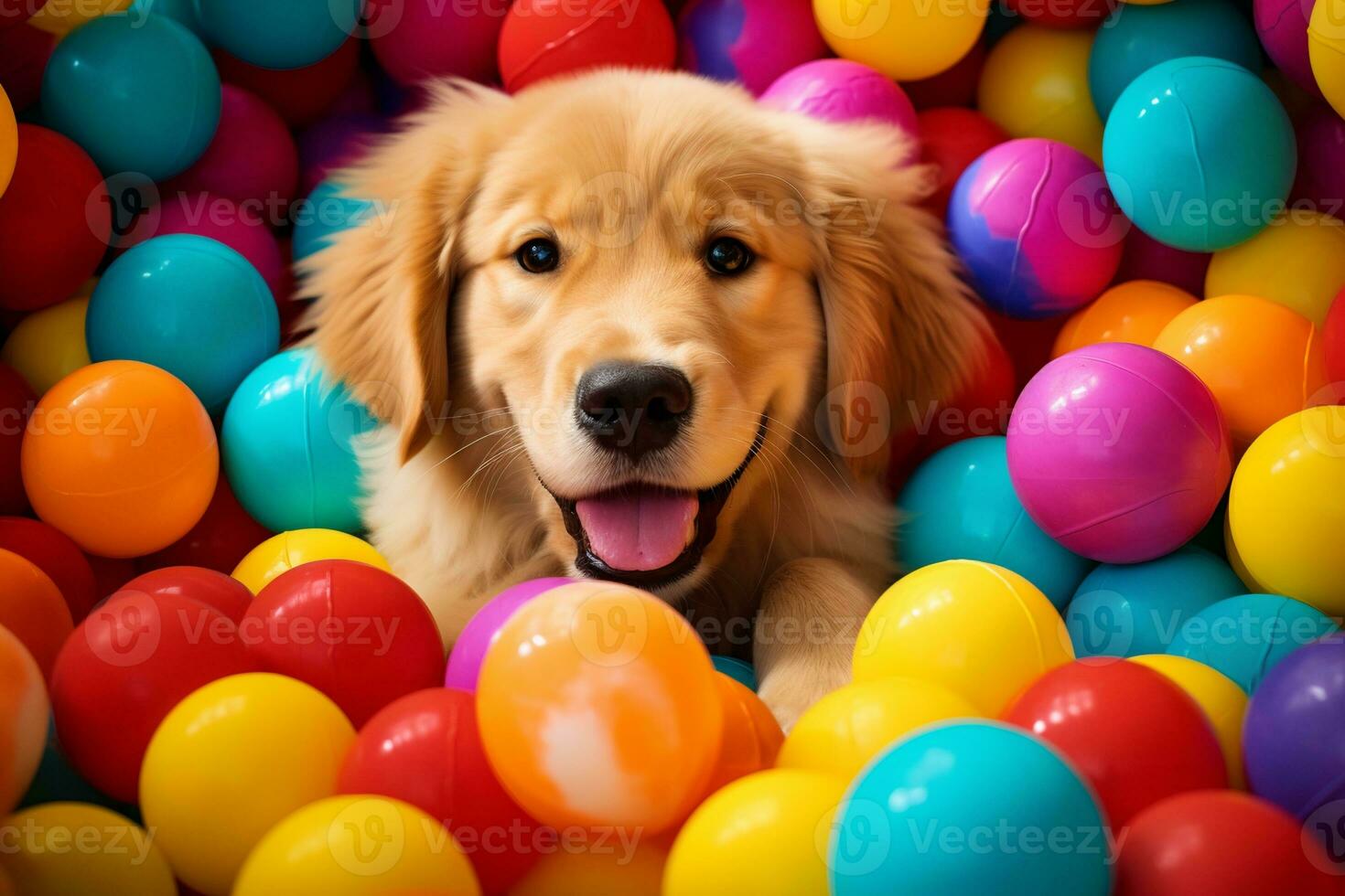 a golden retriever puppy peacefully sleeping soundly in a colorful ball pit. AI Generative photo