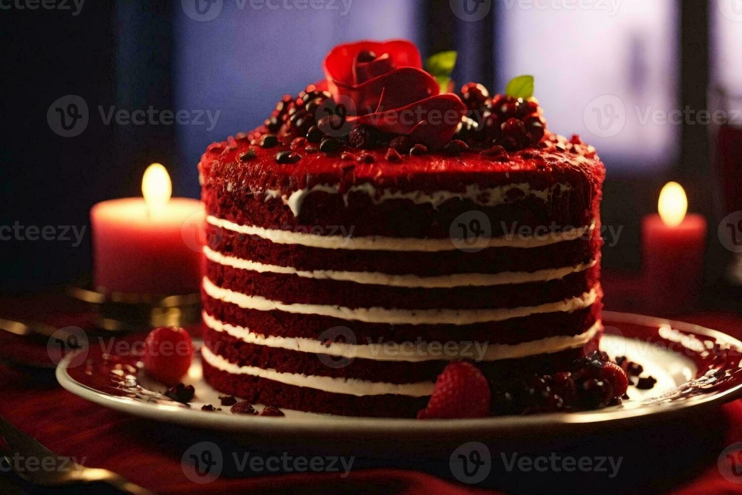 Red velvet cake with fresh strawberries. AI Generative photo