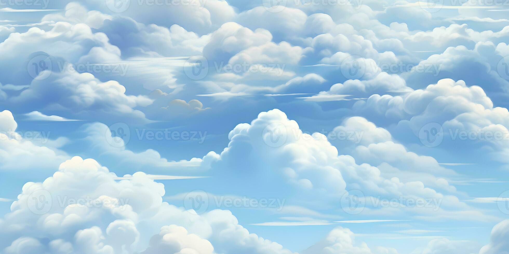 Blue sky with white clouds in seamless repeat pattern design. Cartoon clouds on sky blue background for children's bedroom wallpaper. Fluffy clouds on solid background AI Generative photo