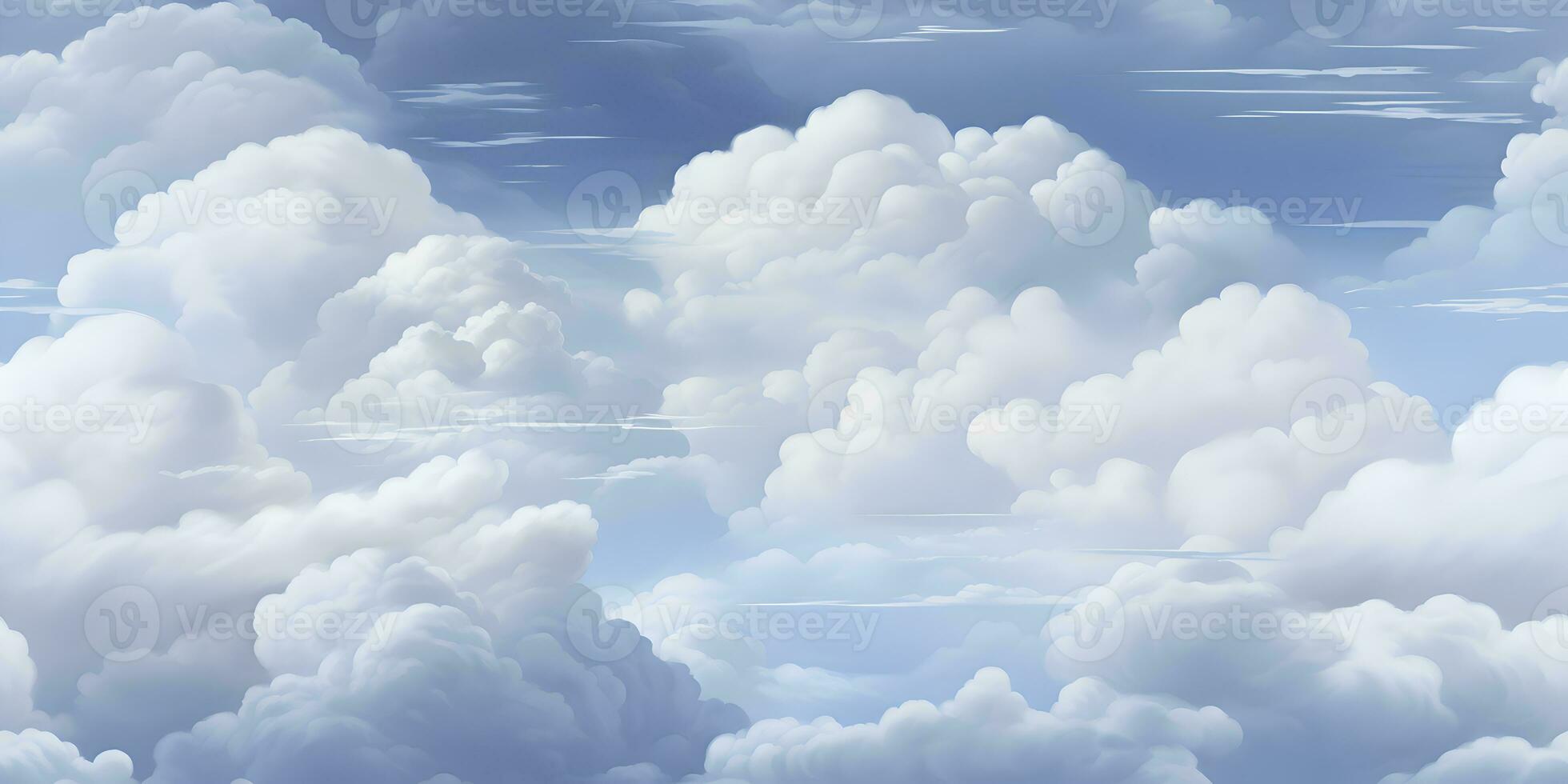 Blue sky with white clouds in seamless repeat pattern design. Cartoon clouds on sky blue background for children's bedroom wallpaper. Fluffy clouds on solid background AI Generative photo