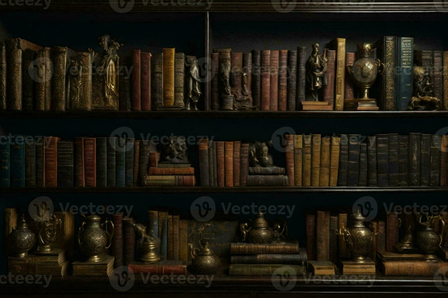 a bookshelf with many old books. AI Generative photo