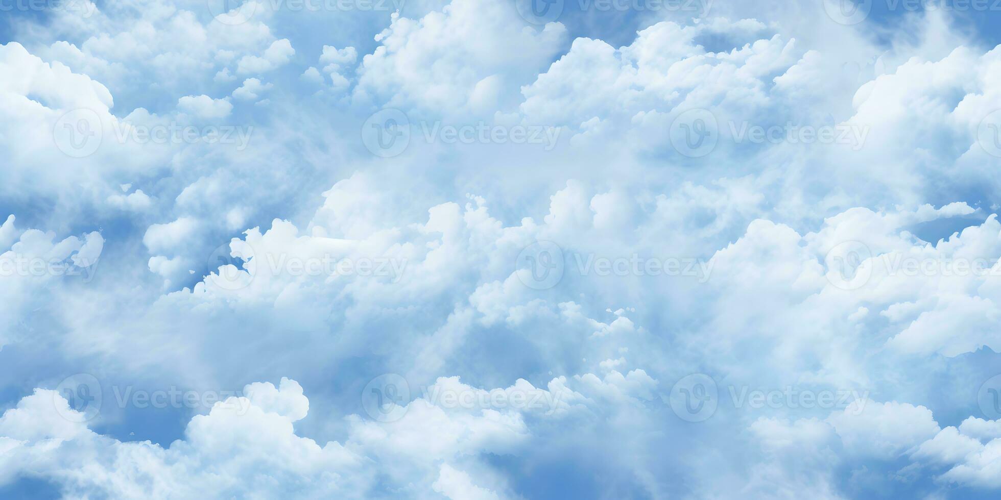 Blue sky with white clouds in seamless repeat pattern design. Cartoon clouds on sky blue background for children's bedroom wallpaper. Fluffy clouds on solid background AI Generative photo