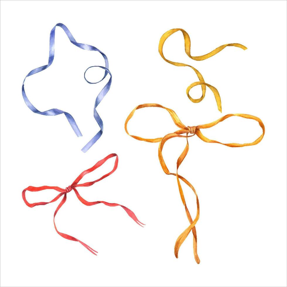 Set of colored bows with long ribbons. Blue, yellow, red ribbons. Watercolor illustration. Hand drawn element for decorating gifts, flower bouquets. Birthday, Valentine day, Christmas vector