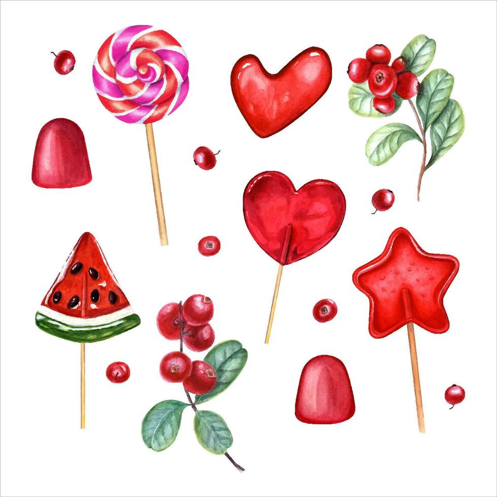 Set of caramels. Lollipop watermelon slices, chocolate seeds. Lollipops in the shape of red heart. Jelly, spiral candies. Ribbons for decoration. Cranberry, cowberry. Watercolor illustration vector