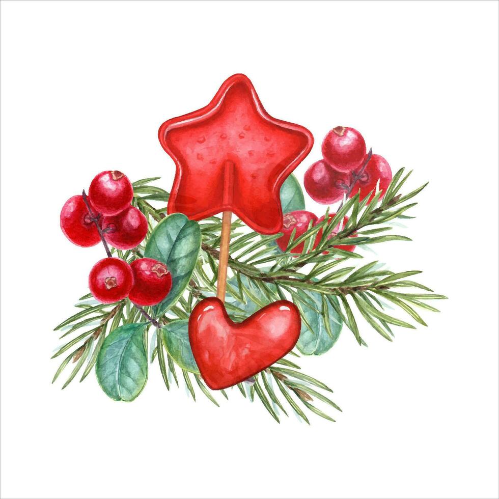 Red caramels, spruce branch, ripe juicy red cranberries. Caramel in the shape of star and heart. Transparent lollipop, sugar candy on stick. Watercolor illustration for design, label, candy store vector