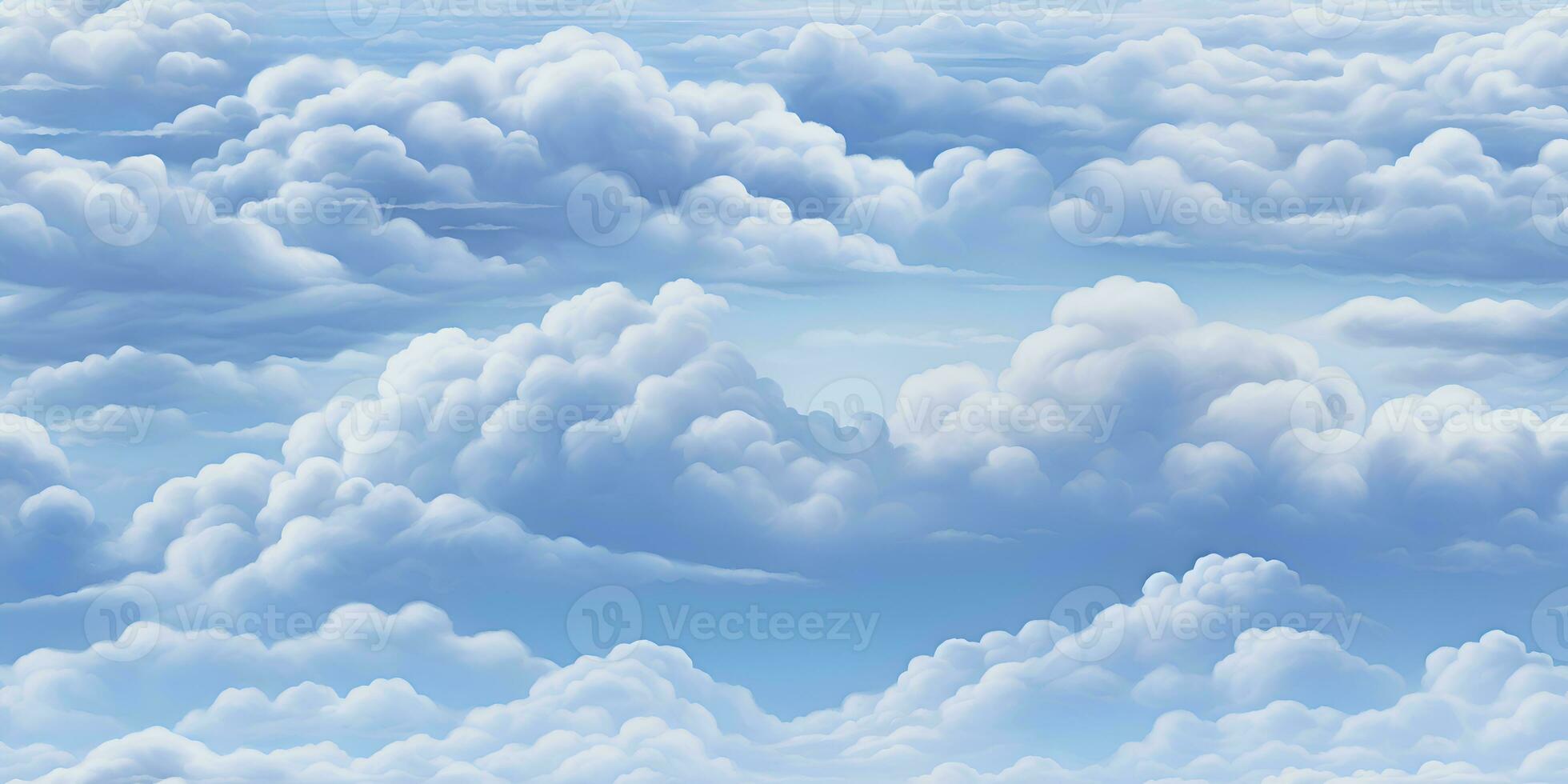 Blue sky with white clouds in seamless repeat pattern design. Cartoon clouds on sky blue background for children's bedroom wallpaper. Fluffy clouds on solid background AI Generative photo